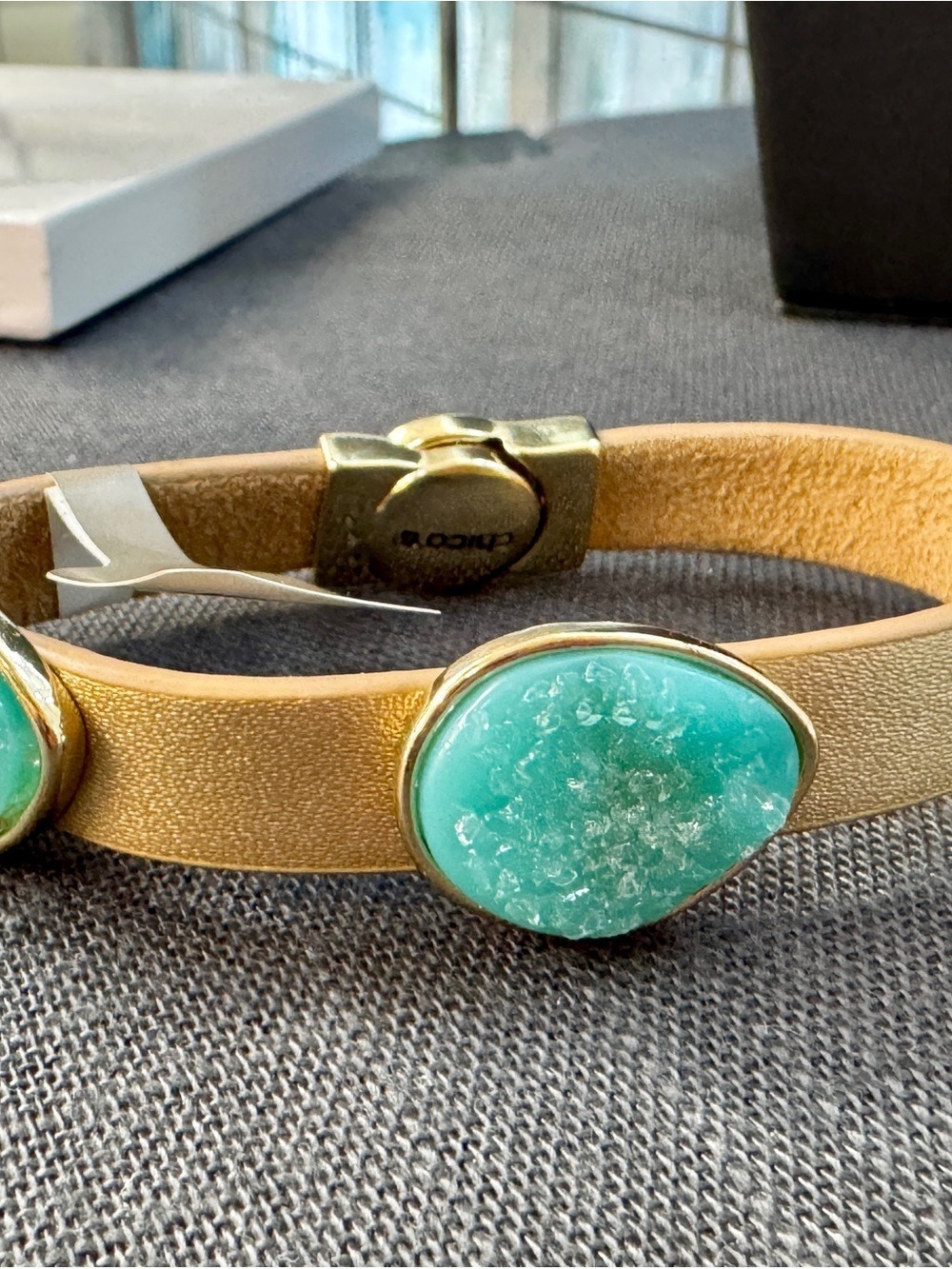 Chico's Gold Leather Bracelet with Aqua Green Druzy Stone - Picture 7 of 7